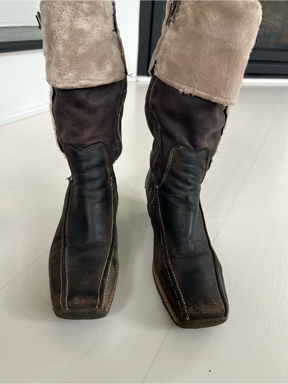Nine West Dark Brown Square-Toe Wedge Heel Leather Winter Boots